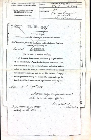 FREEMAN, Pearson (b. 1761 Conn. in slavery d. 1847 a freedman Rutland) Rev War pension award 1854 1